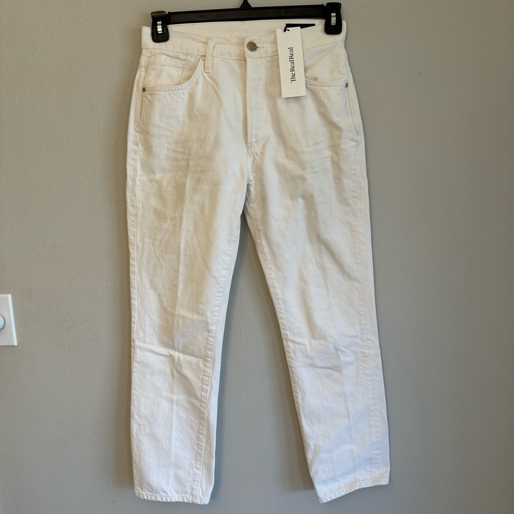 GOLDSIGN Benefit High Rise White Jeans w Gold Hardware Size 28